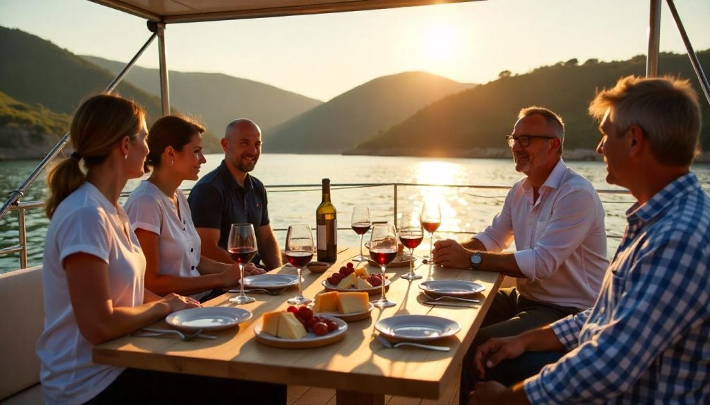 Gourmet Food and Wine Cruise: A catamaran hosts a wine tasting on the Douro River.